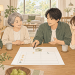 二世帯の家族が一日の過ごし方を表にしながら住まいを相談するイラスト