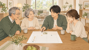 二世帯の家族が一日の過ごし方を表にしながら住まいを相談するイラスト